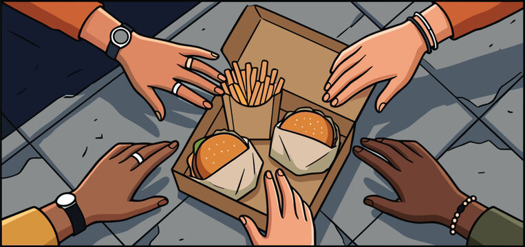 Overhead view of four hand reaching for burger and fry in box