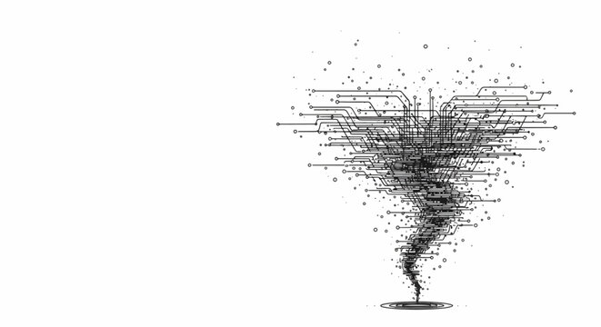 Abstract digital data tornado swirling with circuit board elements, symbolizing information overload, big data processing, or a complex technological storm on a white background.