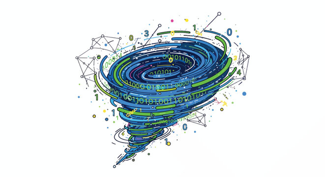 Dynamic abstract digital tornado of data and information, representing technological complexity, big data analysis, and digital transformation concepts.