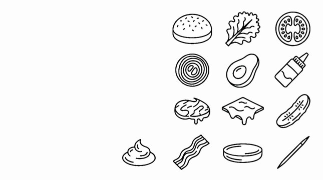 Hand drawn burger ingredients line art icons set including bun lettuce tomato onion avocado sauce patty cheese pickle bacon and mayo.