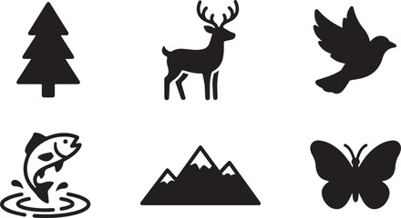 Fototapeta premium Flat black and white nature icons set with tree, deer, bird, fish, mountain, butterfly Vector