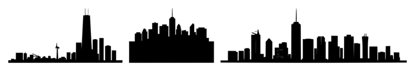 Fototapeta premium Eco-city skyline set with solid black icon on white background featuring sustainable, green, urban architecture with renewable energy and eco-friendly design