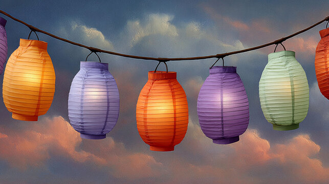 a colorful string of glowing paper lanterns suspended against a cloudy, dusk-time sky, creating a festive and warm atmosphere.
