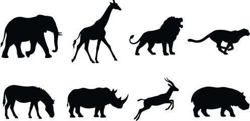 African Wildlife Silhouette Collection with Elephant Giraffe Lion Rhino and Antelope © MSTNASRIN