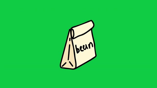 Cafe raw bean paper bag doodle animation for roastery promotional content green screen background