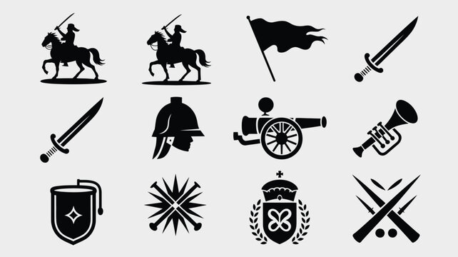 Vintage military symbols set with horses cannons swords trumpets helmets shields flags and crossed weapons.