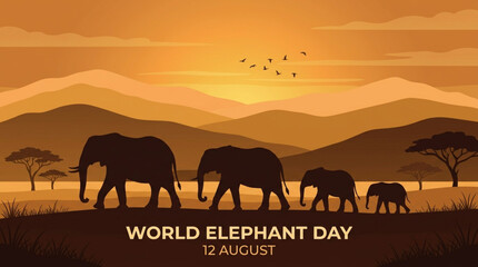 Fototapeta premium World Elephant Day banner vector with elephant family silhouette sunset