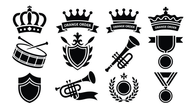 Orange order fraternal organization icons set with crowns drums trumpets shields and medals.