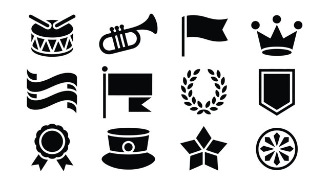 Assortment of marching band and parade icons drum trumpet flag crown ribbon emblem.