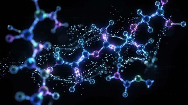 A dark background showcases a complex network of glowing molecules, primarily composed of carbon, hydrogen, and oxygen atoms.