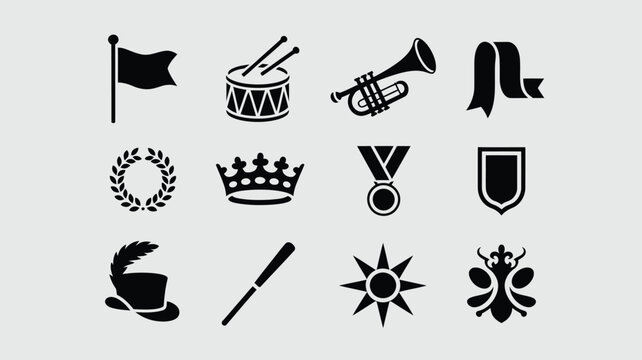 Group of parade and marching band symbols flag drum trumpet ribbon crown medal shield.