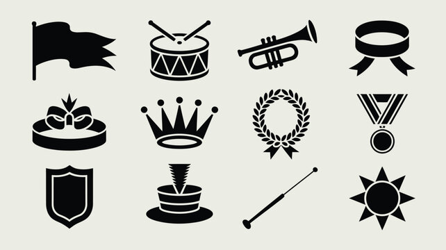 Various parade and marching band icons flag drum trumpet ribbon crown medal shield.
