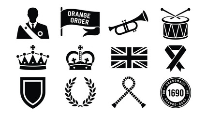 Fototapeta premium Orange order fraternal organization icons set with union jack flag and marching band tools.