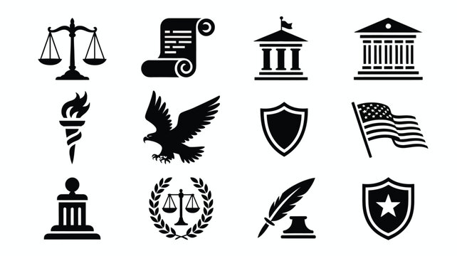 Government and law symbols including scales of justice eagle shield and US flag.