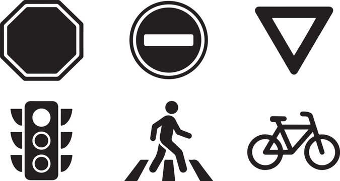 Set of six black traffic and pedestrian road signs icons Vector