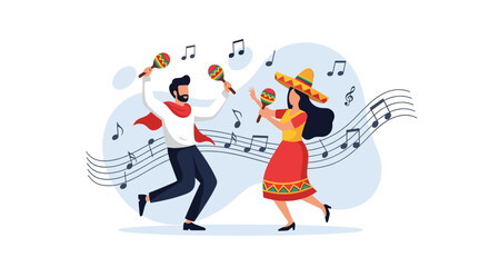 Obraz premium Traditional Mexican couple wearing festive outfits and sombrero dancing joyfully with maracas and musical notes.