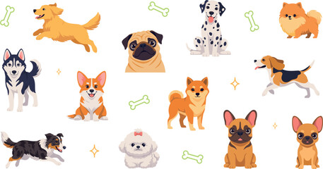 Cute Cartoon Puppy Vector Sticker Sheet Collection Featuring Husky, Pug, Dalmatian, Corgi, Golden Retriever, and Diverse Dog Breeds for Kids Animal Graphics © Roshidul