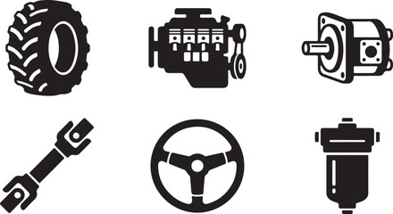 Black and white farm tractor parts and tools icon set Vector © Runa