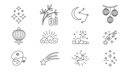 Tanabata festival line art icons with stars, bamboo, moon, constellations, lanterns and clouds. © Suranjana