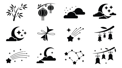 Tanabata festival elements with bamboo, japanese lanterns, moon and stars, shooting star, bells. © Suranjana