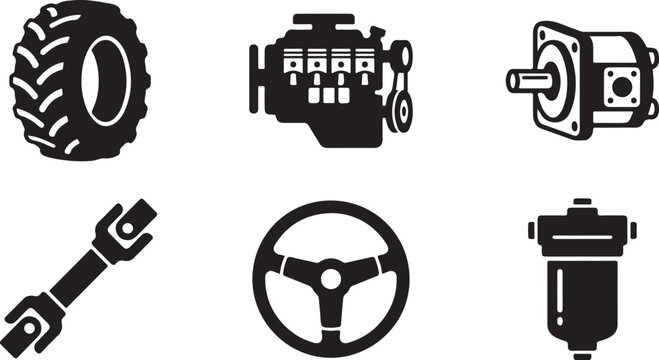 Black and white farm tractor parts and tools icon set Vector