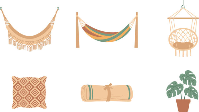 PrintBoho Style Backyard Relaxation Icon Set Featuring Macrame Hammocks Hanging Chair Patterned Pillow Blanket and Monstera Plant for Cozy Summer Lounge Designs