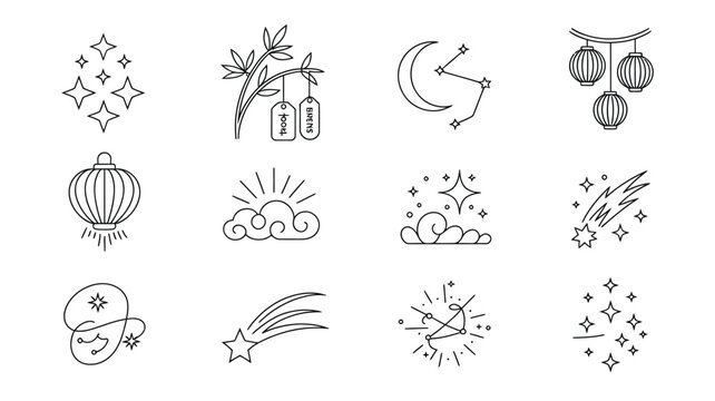 Tanabata festival line art icons with stars, bamboo, moon, constellations, lanterns and clouds.