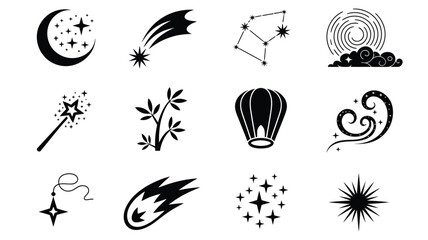 Graphic icon set featuring moon phases comets constellations sky lanterns and magic wands. © Suranjana