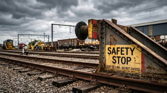 Safety stop sign on a rusty railway buffer in an industrial train yard perfect for logistics presentations, corporate safety training, and transportation websites
