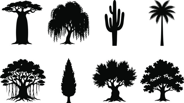 Tree Silhouette Collection Featuring Baobab Palm Cactus Banyan Cypress and Forest Trees