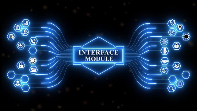Enterprise analytics dashboard powered by Interface Module system with secure integration monitoring and advanced digital platform technology.4k digital technology animation