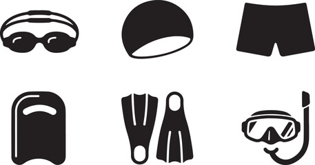 Black swimming and diving gear icon set Vector © Runa