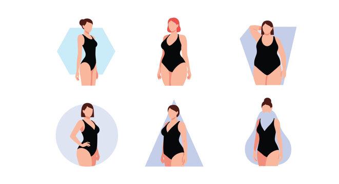 Diverse women celebrate body positivity by posing in black swimsuits against various geometric backgrounds representing different body types.