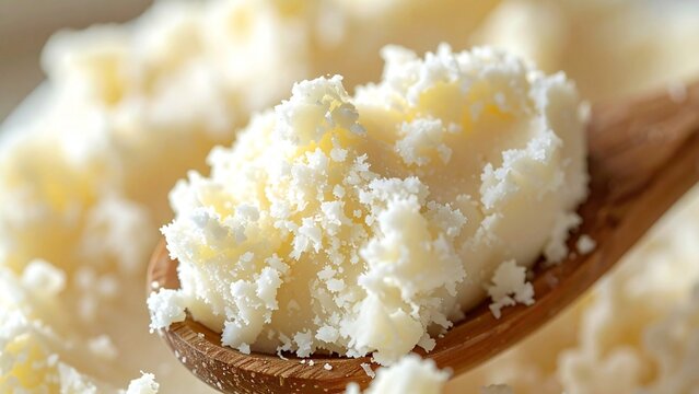 Crumbly raw shea butter on wooden spoon macro, natural unrefined moisturizing body butter texture
木のスプーンにのった粒立つ未精製シアバターのマクロ、ナチュラルな保湿ボディバターの質感クローズアップ