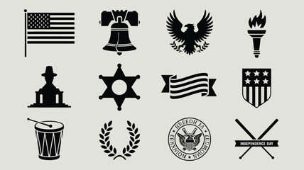 Fototapeta premium Independence day symbol set with eagle flag liberty bell and drum vector silhouette icons.