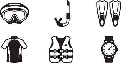 Black and white scuba diving and swimming gear set icons Vector © Runa