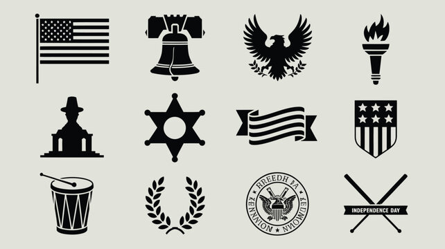 Independence day symbol set with eagle flag liberty bell and drum vector silhouette icons.