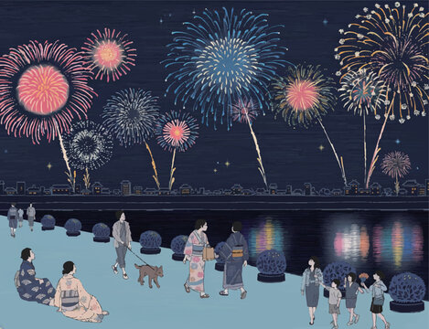 和風レトロな花火大会を楽しむ浴衣姿夏祭り