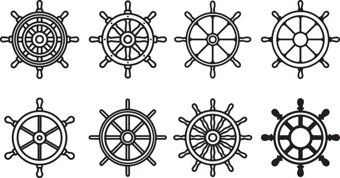 Various styles of vintage ship steering wheels illustration Vector