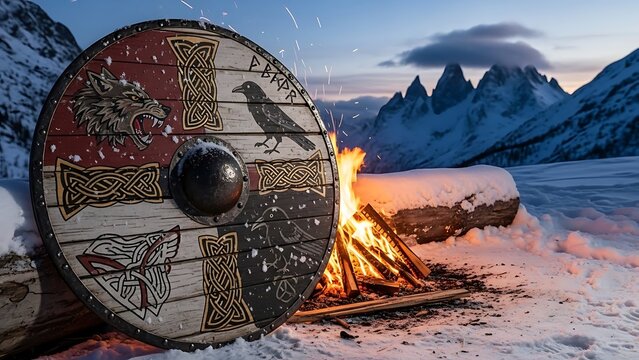Viking Shield and Campfire in Snowy Mountains.