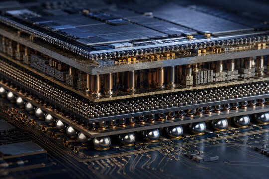 Macro view of advanced semiconductor microprocessor packaging with golden circuit connections on multilayer electronic component board