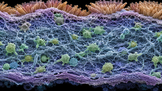 Colorful cross section of tissue layer revealing extracellular matrix, collagen fibril network, and cell distribution under electron microscope false color imaging