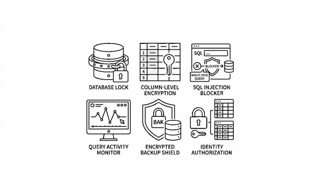 Database Security and Cyber Protection Icon Set for Information Technology.