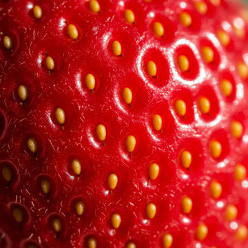 Strawberry texture close up showing tiny yellow seeds on vibrant red fruit skin for macro food background