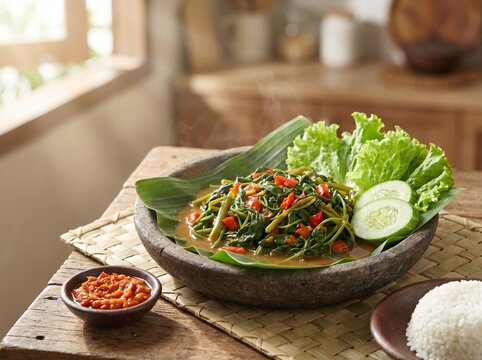 Delicious Indonesian Stir-Fried Water Spinach Kangkung Tumis with Fresh Lettuce and Cucumber Slices.