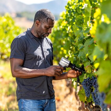 African American winemaker using digital sensor to check grape quality in vineyard.