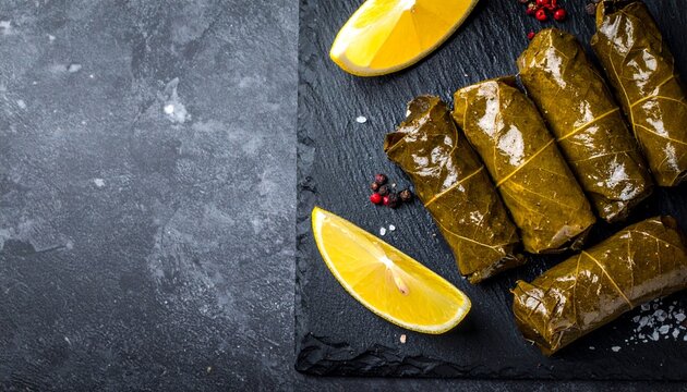 Stuffed vine leaves served with fresh lemon slices. Authentic greek dolmades appetizer arranged on a dark slate stone background.