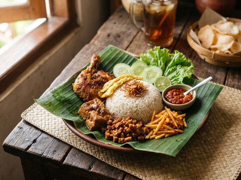 Traditional Indonesian Nasi Campur with Fried Chicken, Rice, and Sambal on Banana Leaf.