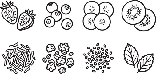 Fototapeta premium Black and white illustration of various fruits and seeds Vector