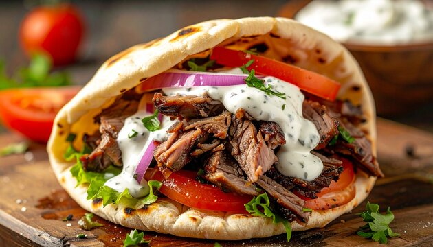 Stuffed pita bread wrap. Authentic greek gyro sandwich featuring roasted sliced meat tomatoes onions and creamy tzatziki sauce.
